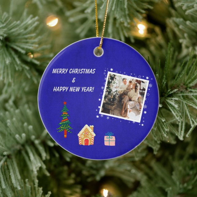 Merry Christmas Royal Blue Family Photo  Ceramic Ornament (Tree)