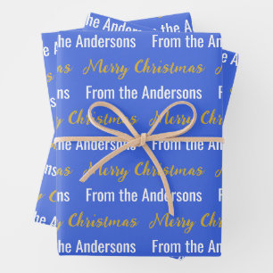 Merry Christmas Royal Blue White Gold Script Name Wrapping Paper Sheet