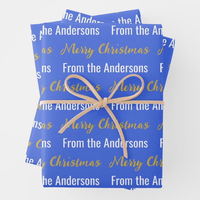 Merry Christmas Royal Blue White Gold Script Name Wrapping Paper Sheet (In situ)