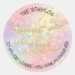 Merry Christmas RSVP Gold Holographic Adress Name Classic Round Sticker