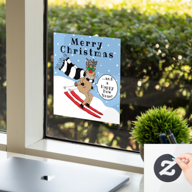 Merry Christmas Rudolf Skiing Window Cling (Office)