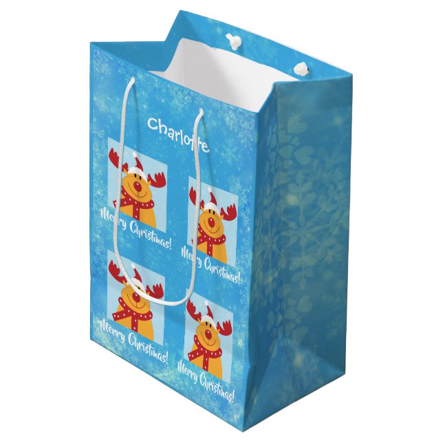 Merry Christmas Rudolph Reindeer Personalize Name Medium Gift Bag (Front Angled)