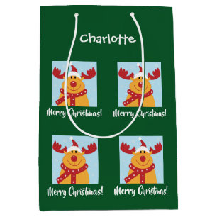 Merry Christmas Rudolph Reindeer Personalize Name Medium Gift Bag