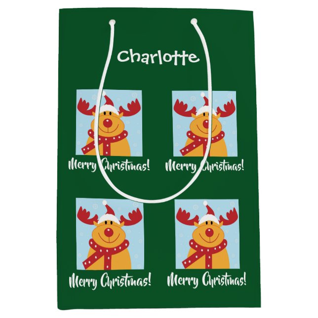 Merry Christmas Rudolph Reindeer Personalize Name Medium Gift Bag (Front)