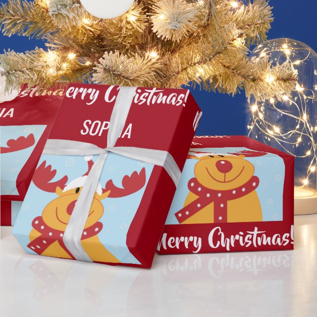 Merry Christmas Rudolph Reindeer Personalize Name Wrapping Paper (Holidays)