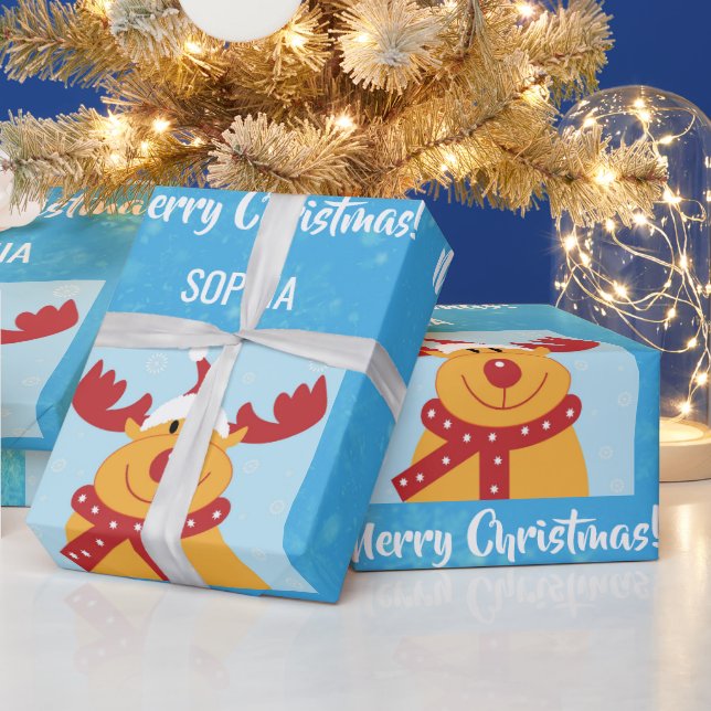 Merry Christmas Rudolph Reindeer Personalize Name Wrapping Paper (Holidays)