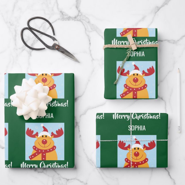Merry Christmas Rudolph Reindeer Personalize Name Wrapping Paper Sheet (Front)