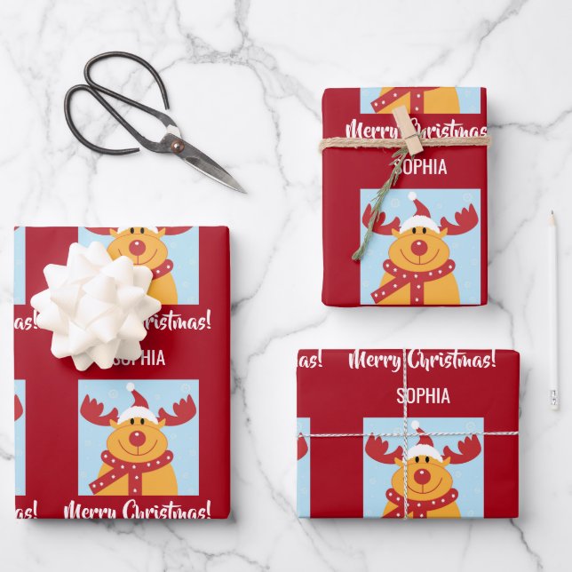 Merry Christmas Rudolph Reindeer Personalize Name Wrapping Paper Sheet (Front)
