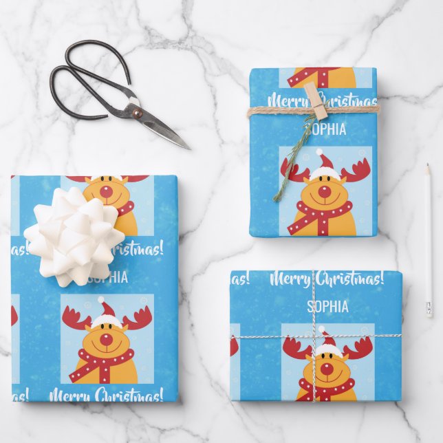 Merry Christmas Rudolph Reindeer Personalize Name Wrapping Paper Sheet (Front)