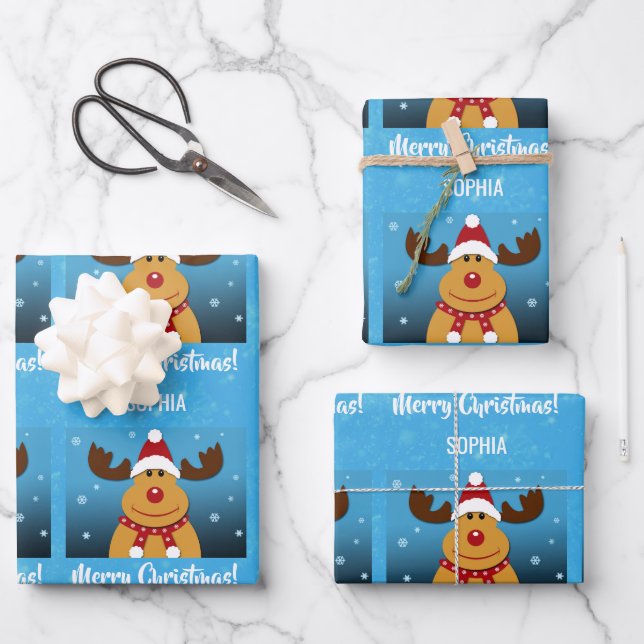 Merry Christmas Rudolph Reindeer Personalized Name Wrapping Paper Sheet (Front)