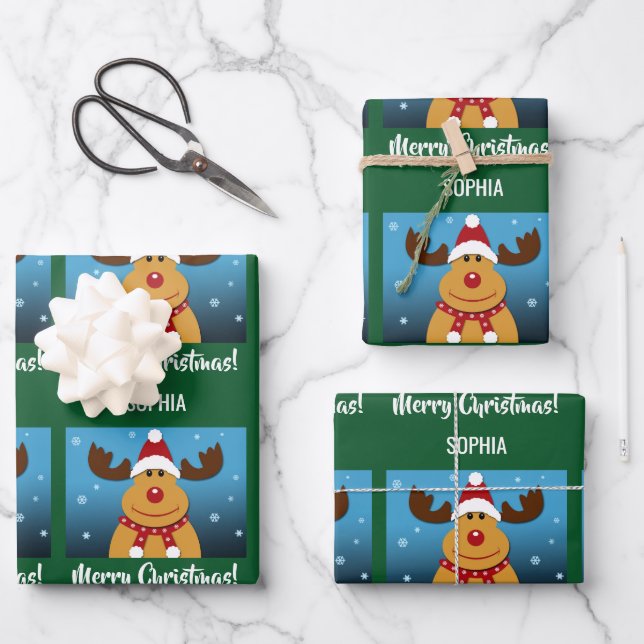 Merry Christmas Rudolph Reindeer Personalized Name Wrapping Paper Sheet (Front)