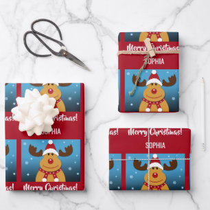 Merry Christmas Rudolph Reindeer Personalized Name Wrapping Paper Sheet