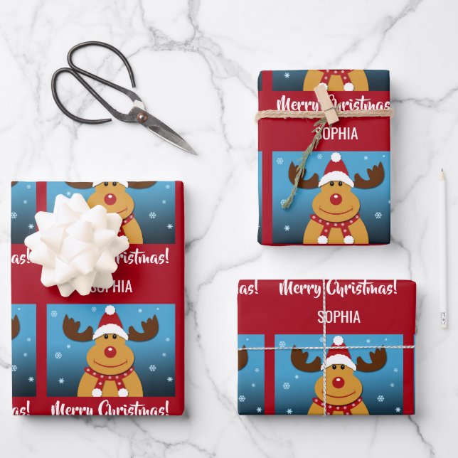 Merry Christmas Rudolph Reindeer Personalized Name Wrapping Paper Sheet (Front)