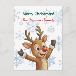Merry Christmas Rudolph with Blue Snowflakes Holiday Postcard