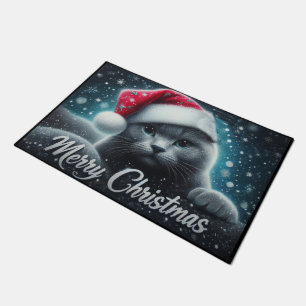 Merry Christmas Russian blue Cat, Xmas Santa Cat Doormat