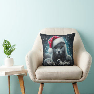 Merry Christmas Russian blue Cat, Xmas Santa Cat Throw Pillow