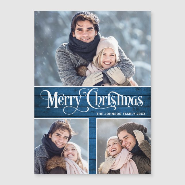 Merry Christmas Rustic 3 PHOTO Magnetic Card (Front)