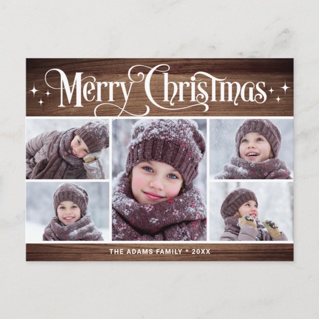 Merry Christmas Rustic 5 PHOTO Greeting Holiday Postcard (Front)
