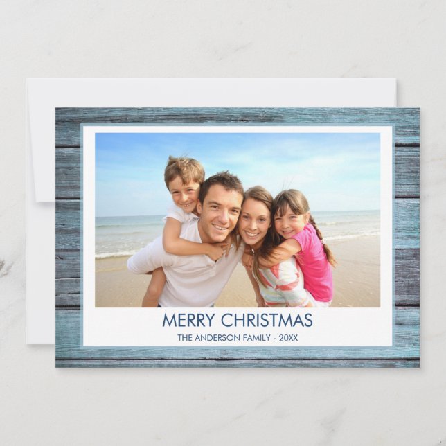 MERRY CHRISTMAS RUSTIC BEACH WOOD PHOTO HOLIDAY CARD (Front)