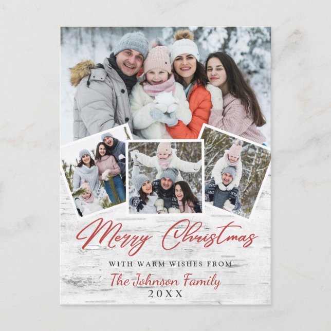 Merry Christmas Rustic Birch Bark 4 PHOTO Greeting Postcard (Front)