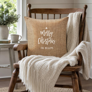 Merry Christmas Rustic Brush Script Family Name Throw Pillow