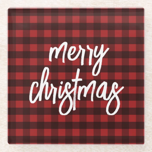 Merry Christmas Rustic Buffalo Plaid Glass Coaster (Front)