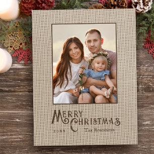 Merry Christmas Rustic Burlap Print Photo Holiday Postcard