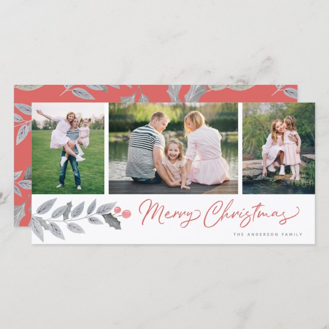 Merry Christmas Rustic Floral 3 Photo Collage Holiday Card (Front/Back)