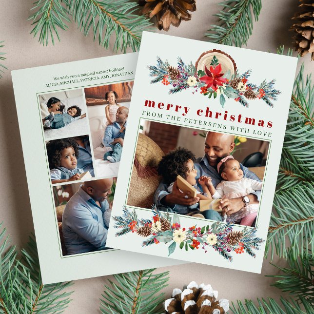 Merry Christmas rustic floral photo collage  Holiday Card (Creator Uploaded)