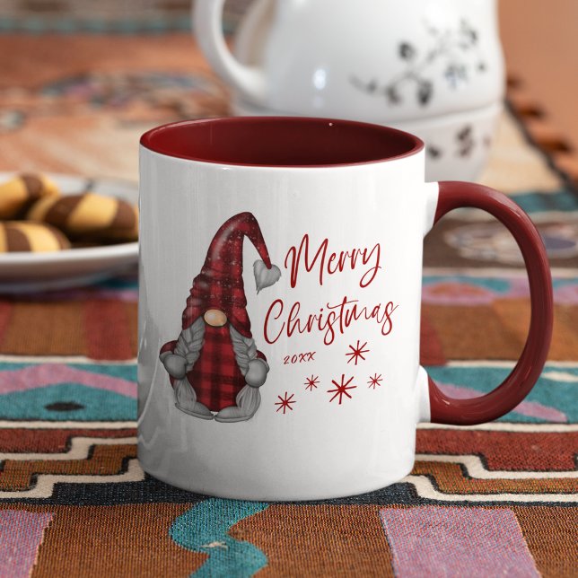 Merry Christmas Rustic Gnome in Red Buffalo Plaid Mug (Several colors to choose from.)