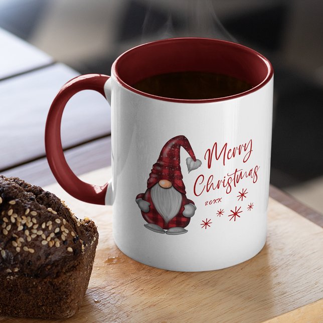 Merry Christmas Rustic Gnome in Red Buffalo Plaid Mug (Several colors to choose from.)