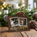Merry Christmas Rustic Gold Script Photo Foil Holiday Card<br><div class="desc">Affordable custom printed photo greeting cards with simple templates for customization. This rustic chic design features a 2 photo template with real gold foil script text on a wood-look background. Personalize it with your photos, family name, the year or other custom text. Reverse side has space for additional photos and...</div>