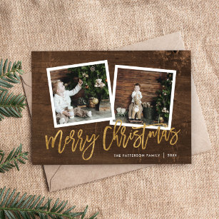 Merry Christmas Rustic Gold Script Photo Holiday Card