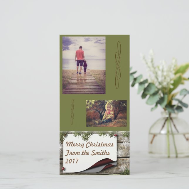 Merry Christmas Rustic Green Pine Boughs Holiday Card (Standing Front)