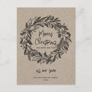 Merry Christmas Rustic Holiday Wreath Kraft Card 