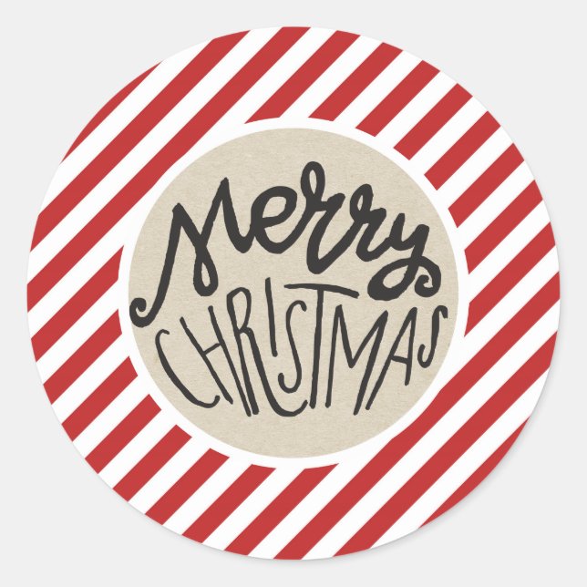 Merry Christmas Rustic Kraft Red White Stripes Classic Round Sticker (Front)