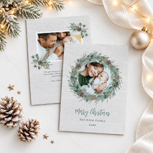Merry Christmas Rustic Pinecone Wreath Photo Holiday Card