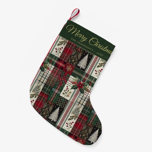 Merry Christmas Rustic Plaid Pattern Small Christmas Stocking (Front (Hanging))