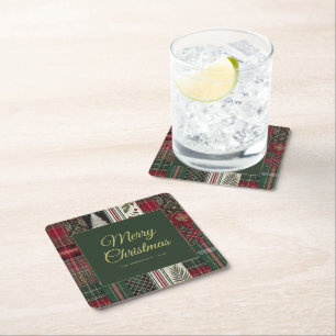Merry Christmas Rustic Plaid Pattern Square Paper Coaster