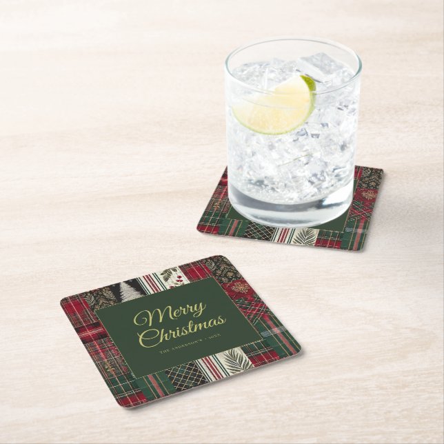Merry Christmas Rustic Plaid Pattern Square Paper Coaster (Insitu)