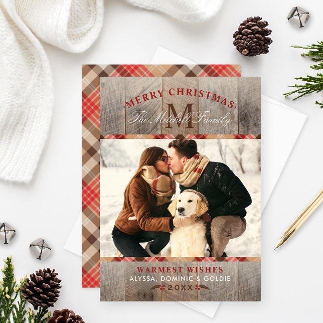 Merry Christmas Rustic Plaid Wood Monogram Holiday Card (Creator Uploaded)