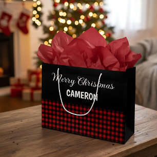Merry Christmas Rustic Red & Black Buffalo Plaid Large Gift Bag