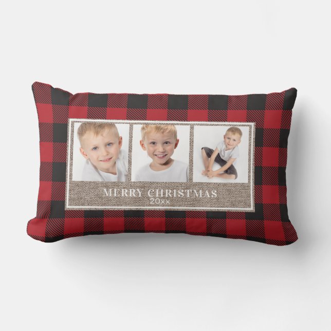 Merry Christmas Rustic Red Buffalo Plaid 3 Photos Lumbar Pillow (Front)