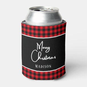 Merry Christmas rustic red buffalo plaid Can Cooler