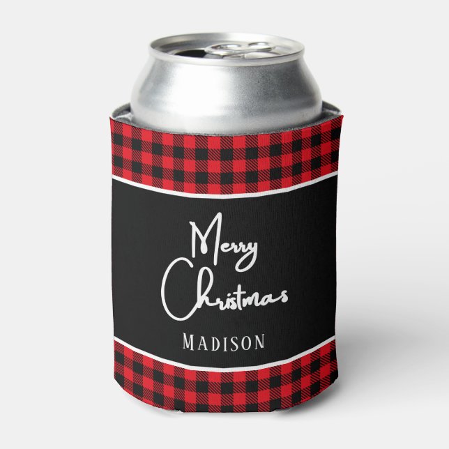 Merry Christmas rustic red buffalo plaid Can Cooler (Can Front)