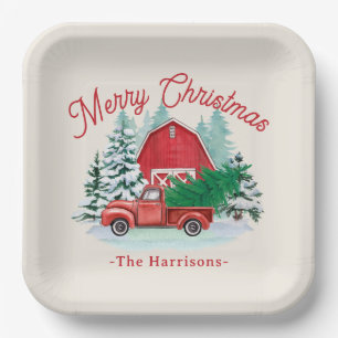  Merry Christmas Rustic Red Truck Ecru Paper Plate