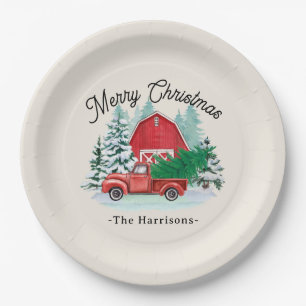  Merry Christmas Rustic Red Truck Farmhouse Round Paper Plate