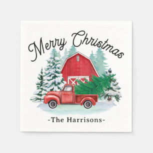  Merry Christmas Rustic Red Truck Farmhouse White Napkin