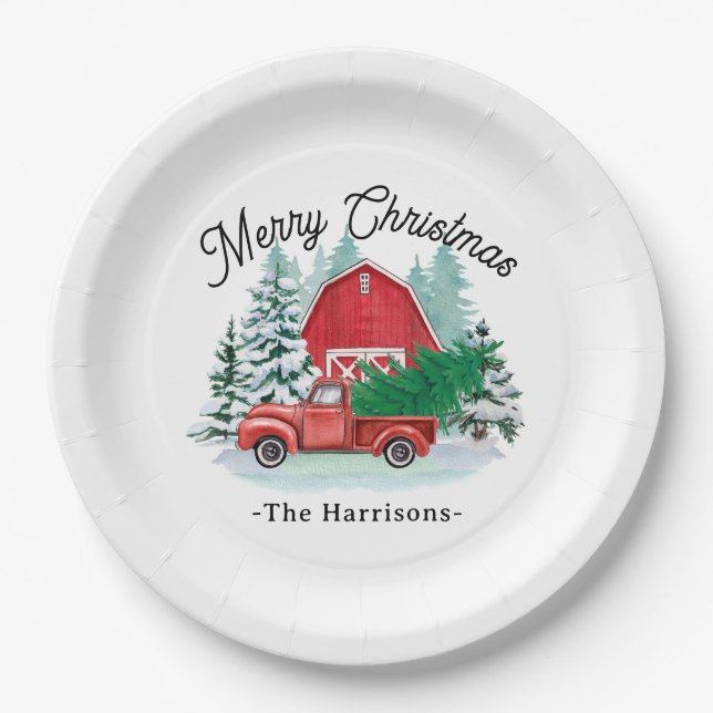 Merry Christmas Rustic Red Truck Farmhouse White Paper Plate (Front)