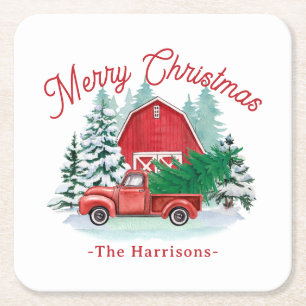  Merry Christmas Rustic Red Truck Farmhouse White Square Paper Coaster